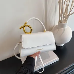 Women Modern PU Leather Shoulder Bag Fashion Twisted Metal Handle Crossbody Handbag Daily Commute Office Square Flap Bag