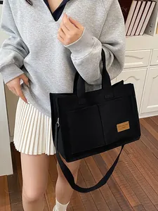 Women Casual Canvas Tote Bag Large Capacity Commuting Handbag With Front Pockets Shoulder Crossbody Bag