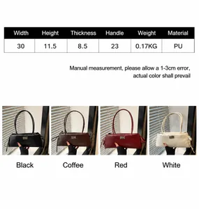 Size guide for PU leather baguette bag showing dimensions in black, coffee, red, and white