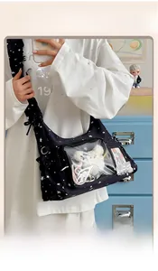 Detail der blauen Canvas-Ita-Bag mit Sichtfenster und Spitze für Plüschtier-Auslagen