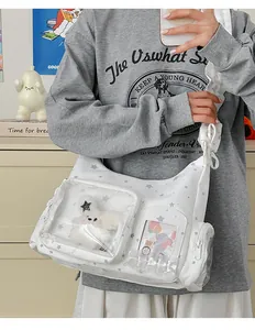 Weiße Canvas Ita-Tasche mit Sternenprint und transparentem Sichtfenster für Anime-Pins