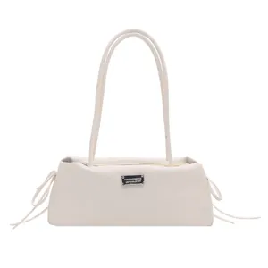 Ivory white rectangular tote bag in smooth PU leather with side drawstring bow details