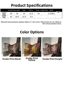 Tableau des tailles pour le grand sac fourre-tout serpent et la petite pochette en cuir PU