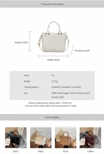 Detailed technical diagram showing PU leather bag dimensions 18x16x6cm and four color options