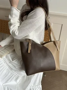 Minimalist large-capacity contrast color tote bag for women in brown and tan faux leather