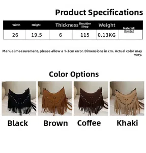 Detailed size chart for Bohemian tassel crossbody bag with rivet details and dimensions