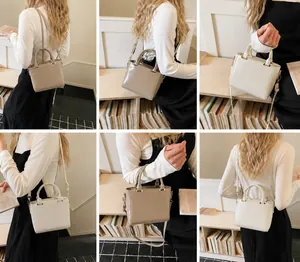 Detailed views of the minimalist square crossbody bag in beige and cream faux leather