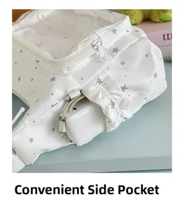 Detailansicht der weißen Tasche mit Sternprint und praktischer Seitentasche für Powerbanks