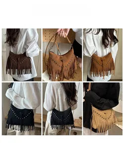 Multiple views of Bohemian fringe crossbody bags with metal studs and vintage tassels