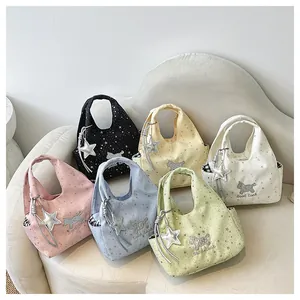 Groupe de sacs à main colorés en toile avec imprimés étoiles argentées et broderie chien