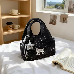 Sac à Main Femme Imprimé Étoiles Broderie Chien Mignon Lettre Good Luck Petit Sac Fourre-tout Décontracté Doublure à Carreaux Cadeau