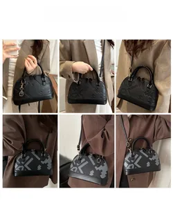 Collage of black embossed dome bag and grey geometric print crossbody bag on a model