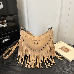 Bohemian khaki fringe crossbody bag with studded V-pattern and adjustable strap