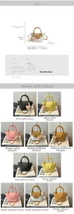 Detailed size chart and multi-color options for the mini PU leather crossbody bag