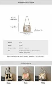 Size chart showing straw tote dimensions: 27x22x10cm with bow detail and color options