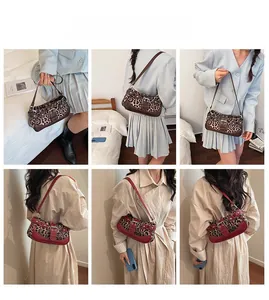 Collage of leopard print shoulder bags in brown and red with stylish buckle details