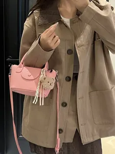 Women's Fashion Litchi Pattern PU Leather Handbag Retro All-match Small Square Crossbody Bag With Cute Bear Pendant Scarf