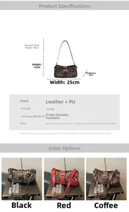 Detailed size chart for leopard print suede shoulder bag with dimensions and buckle specs
