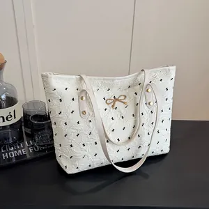 Sac Cabas Femme Grande Capacité Texture Gauffrée Imprimé Nœud Sac à Épaule Fermoir Nœud Or Sac à Main Mode