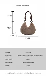 Detailed size chart for plush faux fur tote bag with wooden bead handle measurements