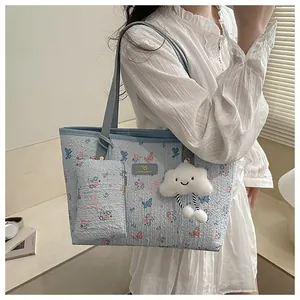Floral tote bag set detail featuring textured blue fabric and cute cloud plush pendant
