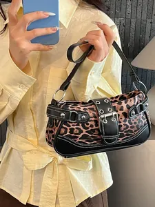 Vintage Leopard Print Underarm Bag For Women PU Leather Suede Stitching Rivet Belt Buckle Y2K Style Fashion Shoulder Bag