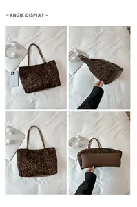 Détails du sac cabas en daim léopard avec base renforcée en cuir marron foncé