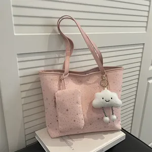 Women Star Print Tote Bag Large Capacity Shoulder Bag With Small Pouch And Cloud Pendant Fashion Casual Handbag