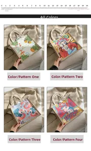 Close-up of four linen handbags with diverse botanical and trendy artistic prints