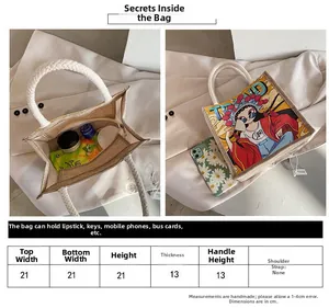 Detailed size chart and internal capacity view of the linen lunch tote bag