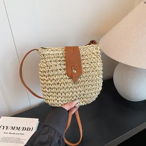 Dames Handgeweven Strorieten Crossbody Tas Mori Stijl Papieren Touw Emmer Tas Zomer Strand Schoudertas Met PU Leren Flap