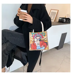 Detail of artistic linen tote bag featuring a modern Chinese opera girl illustration