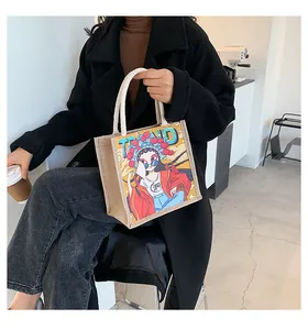 Close-up of linen tote bag featuring a modern Peking Opera character and TREND print
