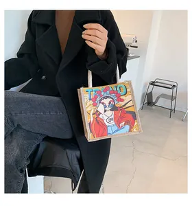 Detail of linen mini tote bag with Peking Opera cartoon print and woven rope handles