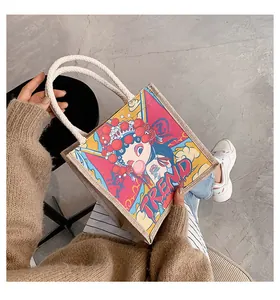 Linen tote bag with a cartoon opera character print and woven cotton rope handles