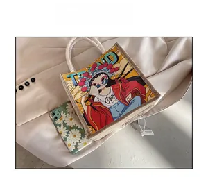 Linen tote bag with Peking Opera girl print and thick rope handles for scale