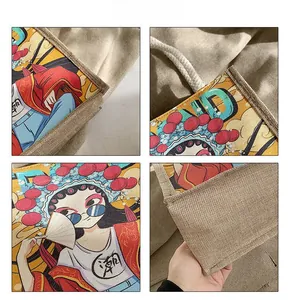 Detailed close-up of sturdy cotton rope handles and fabric texture of linen tote bag