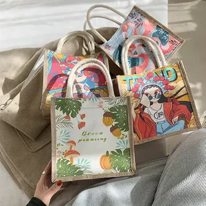 Artistic Jute Linen Handbag Cartoon Peking Opera Print Mini Tote Bag Daily Casual Shopping Lunch Bag Fashion Women Bag