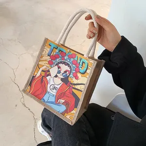 Minimalist burlap tote bag featuring a modern oriental cartoon illustration and rope handles