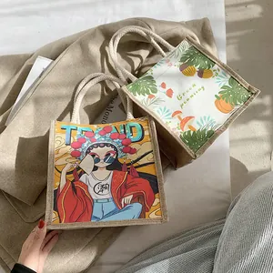 Minimalist eco-friendly linen handbag with chic artistic prints and braided rope handle
