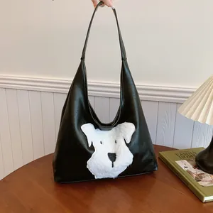 Borsa Tote Vintage in Pelle PU da Donna Grande Capacità Moda Carino Cucciolo Bassotto Ricamo Borsa a Spalla