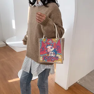 Linen tote bag featuring a modern Peking Opera girl print with durable cotton rope handles