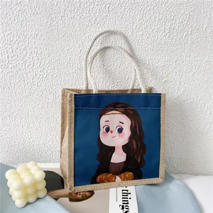 Borsa a mano in iuta artistica con stampa Mona Lisa e manici in corda bianca