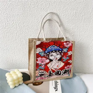 Borsa tote moderna in iuta con stampa Opera di Pechino e manici in corda di cotone rosso