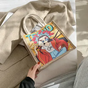 Linnen handtas met cartoon Peking Opera illustratie en stevige touwhandvatten