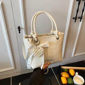 Women Pleated PU Leather Handbag With Artificial Pearl Heart Charm Lace Bow Knot Handle Crossbody Shoulder Tote Bag Fashion Purse