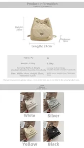 Quilted backpack dimensions and specs showing four colors and PU material details