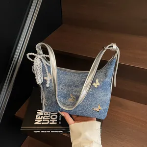 Butterfly Denim Underarm Bag For Women Artificial Pearl Lace Bow Pendant Hobo Shoulder Bag Y2K Streetwear Casual Denim Fabric Handbag