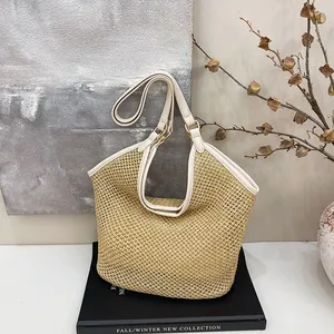 Large Capacity Hollow Straw Woven Tote Bag For Women Summer Vacation Beach Shoulder Bag With PU Leather Trim Retro Style Handbag