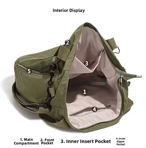 Aménagement intérieur du grand sac cabas en nylon vert avec 5 poches de rangement